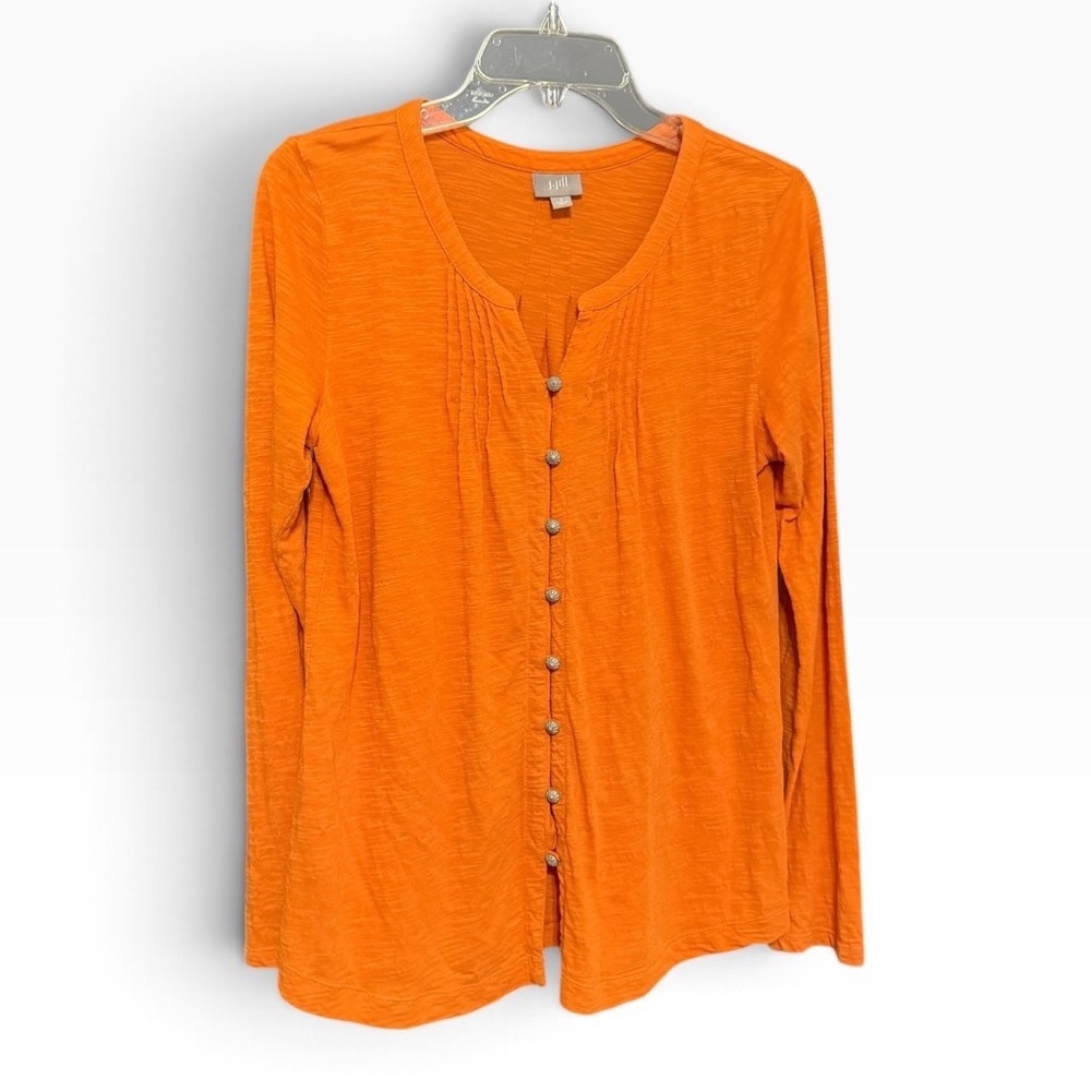 J. Jill Top Women S Orange Slub Cotton Pintuck Button Front Long Sleeve Casual